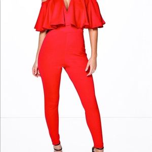 4 items under $25 for $50  Red Plunge Frill Jumpsuit Off Shoulder V Neck